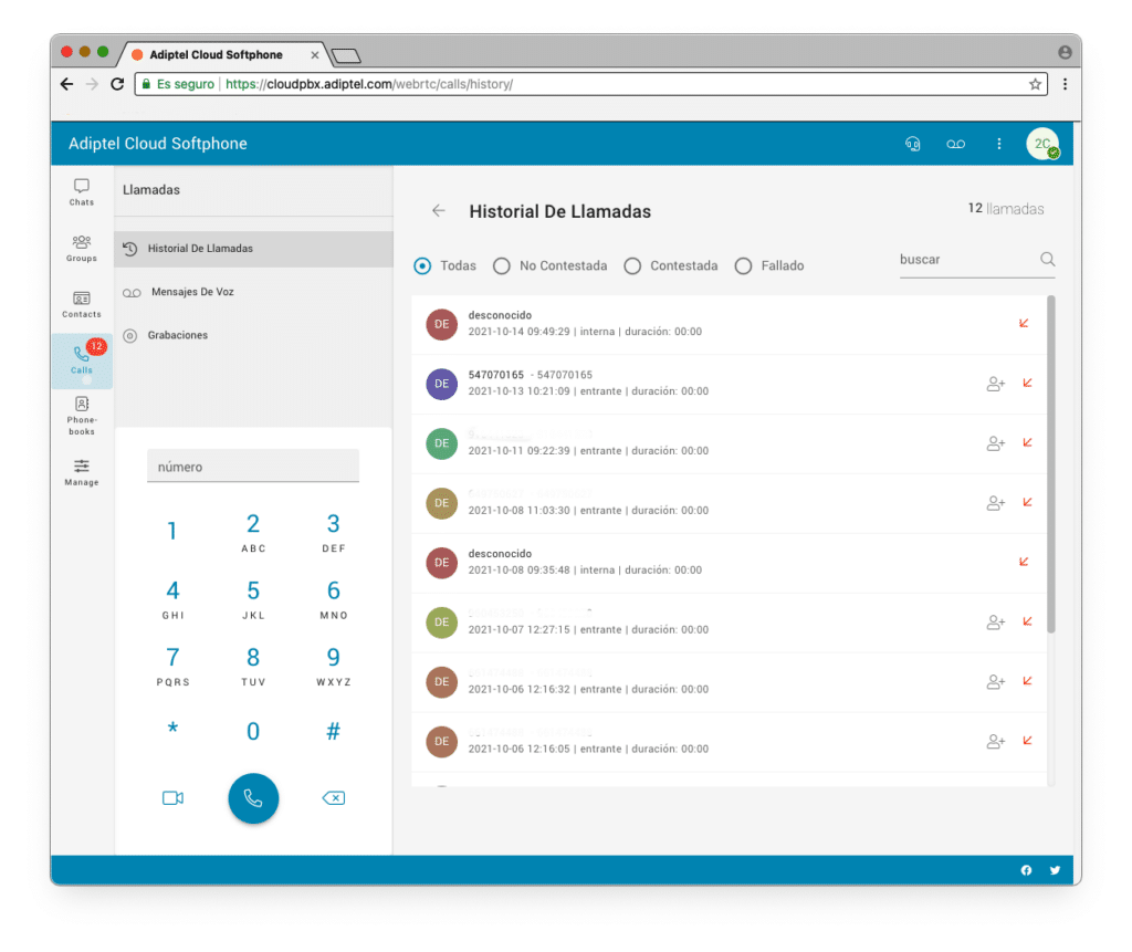 Extensiones webRTC de centralita